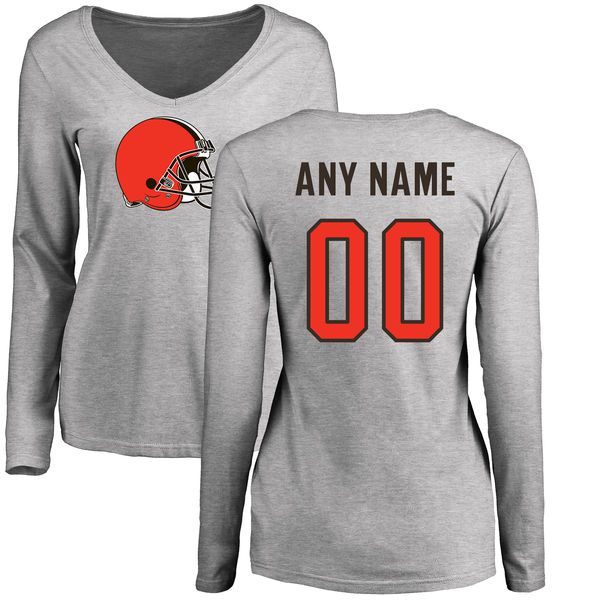 Women Cleveland Browns NFL Pro Line Ash Custom Name and Number Logo Slim Fit Long Sleeve T-Shirt